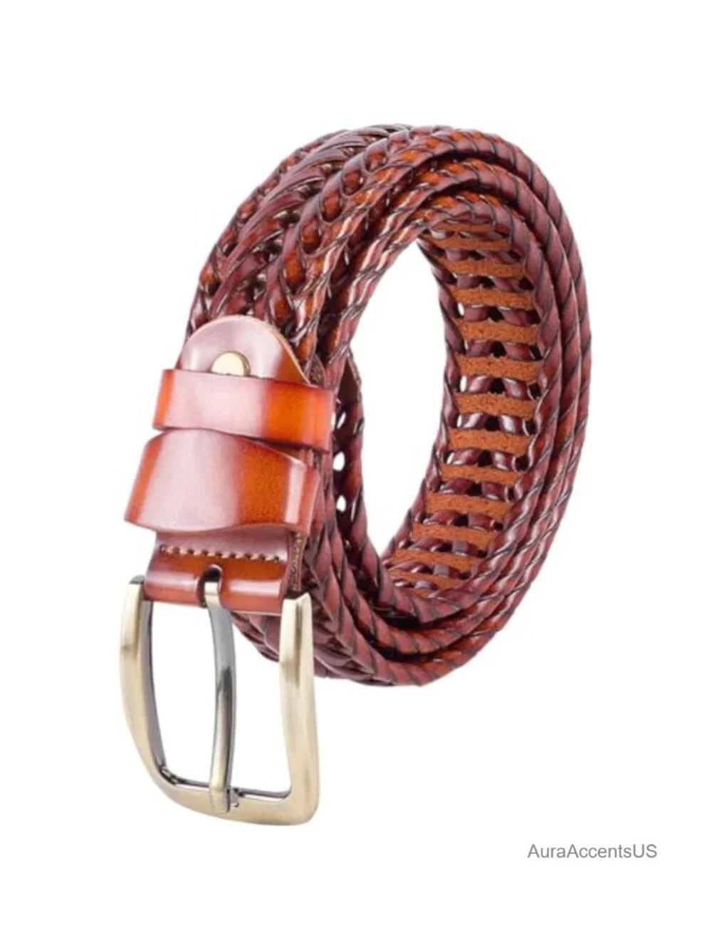 Genuine Leather Casual Woven Belt 1.36 Inch Wide Braided Waistband with Single